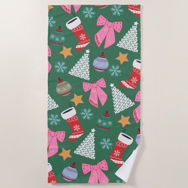 Cute Christmas Green Beach Towel (Front)