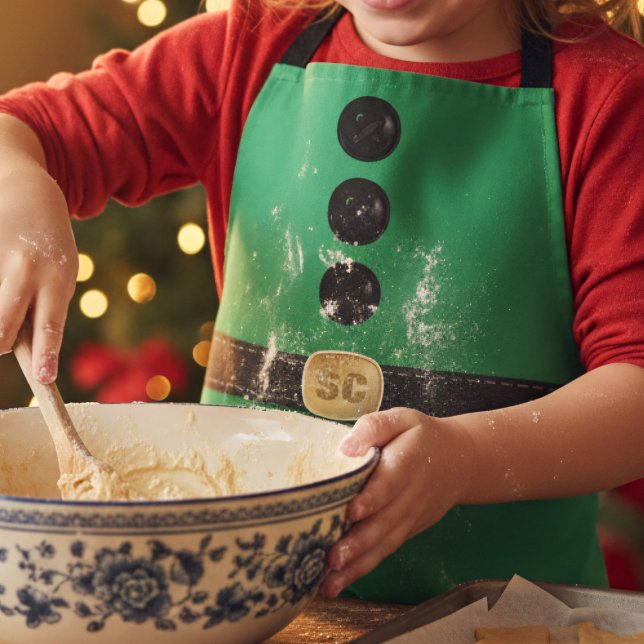 Cute Christmas Green Elf Costume Kids Apron (A fun and festive green elf costume Christmas apron with space for your initials)