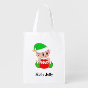 Cute Christmas Green Elf Grocery Bag
