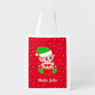 Cute Christmas Green Elf on Red Grocery Bag