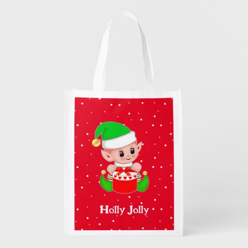 Cute Christmas Green Elf on Red Grocery Bag