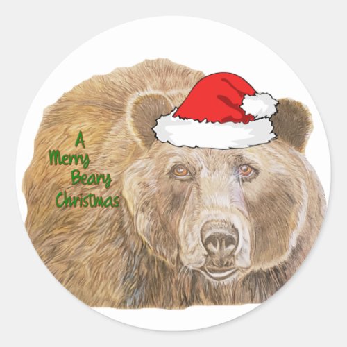 Cute Christmas Green Realistic Bear Drawing Classic Round Sticker