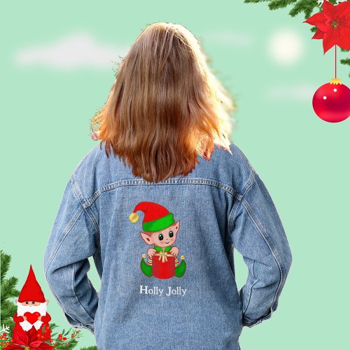Cute Christmas Green Red Elf  Denim Jacket