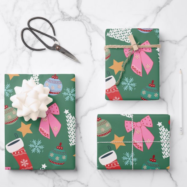 Cute Christmas Green Wrapping Paper Sheets (Front)