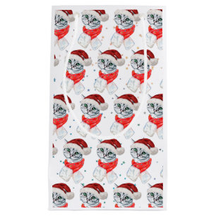 Cute Christmas Grey Tabby Cat Watercolor Small Gift Bag