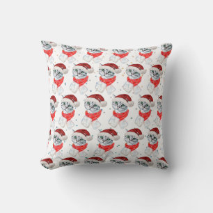 Cute Christmas Grey Tabby Cat Watercolor Throw Pillow