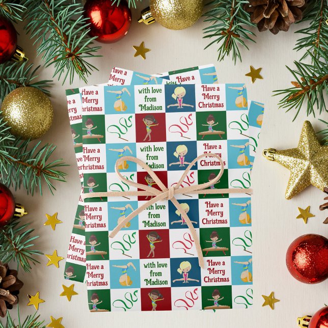 Cute Christmas Gymnastics Girls Personalized Wrapping Paper Sheets (Creator Uploaded)