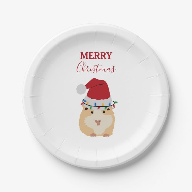 Cute Christmas Hamster Funny Animal Santa Hat  Paper Plates (Front)