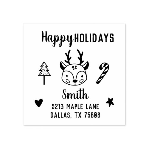 Cute Christmas Hand_drawn Reindeer Return Address  Rubber Stamp