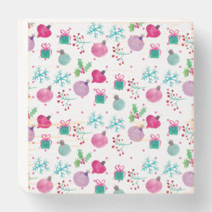 Cute Christmas Hand watercolored Icons Farmhouse Wooden Box Sign