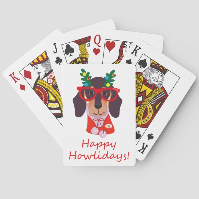 Cute Christmas Happy Dog Funny Dachshund Modern Poker Cards (Back)
