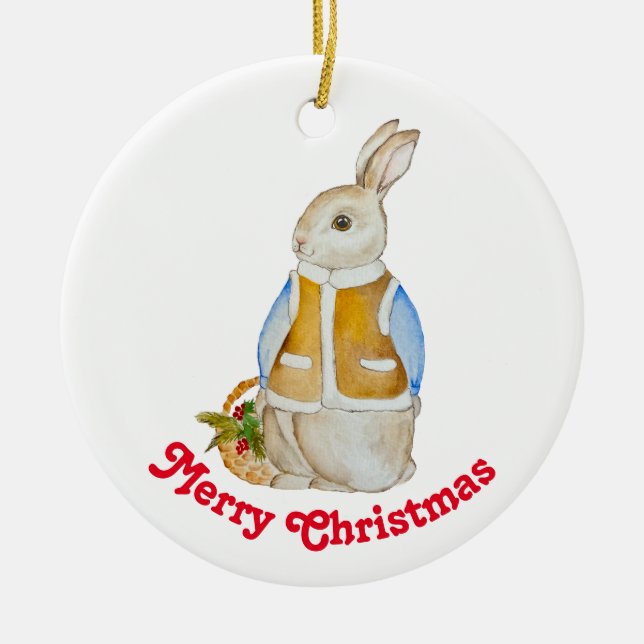 Cute Christmas hare with a basket with spruce bran Ceramic Ornament (Front)