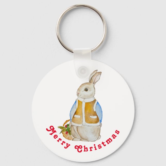 Cute Christmas hare with a basket with spruce bran Keychain (Front)