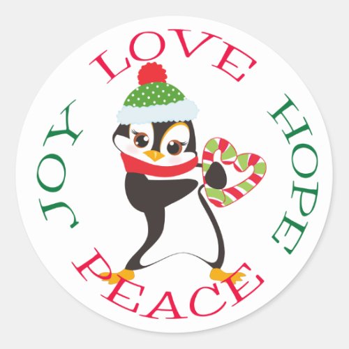 Cute Christmas Heart Penguin Classic Round Sticker