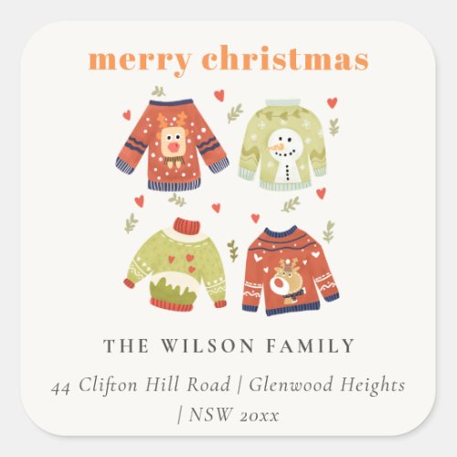 Cute Christmas Hearts Leafy Ugly Sweater Address Square Sticker