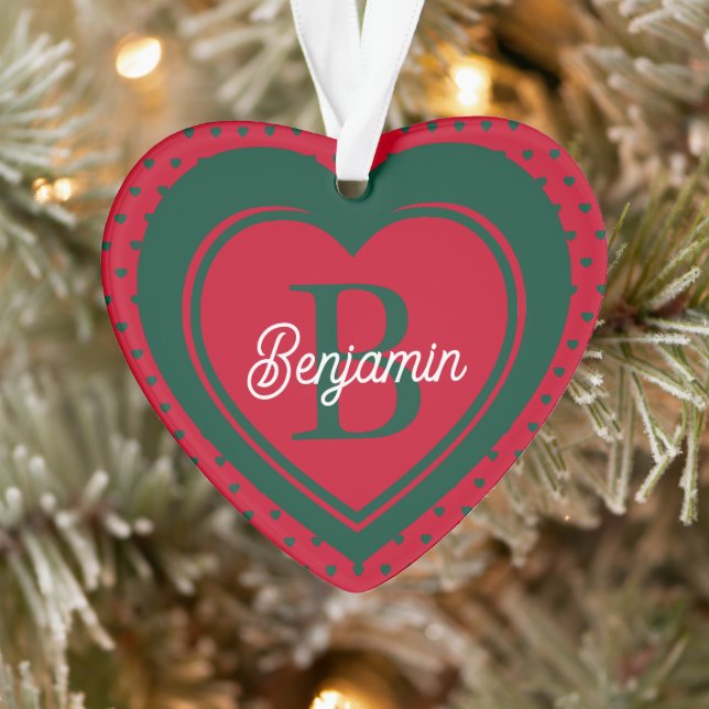 Cute Christmas Hearts Simple Monogram Ornament (Tree)