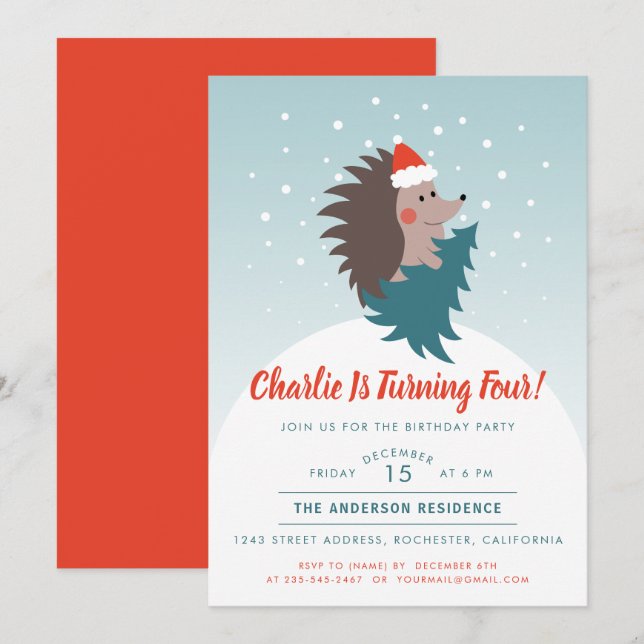 Cute Christmas Hedgehog  Kid Birthday Party Invitation (Front/Back)