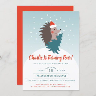 Cute Christmas Hedgehog Kid Birthday Party Invitation