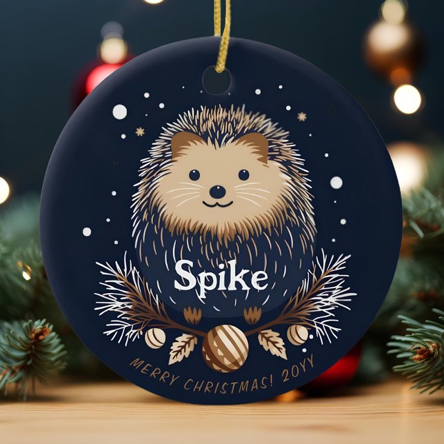 Cute Christmas Hedgehog Pet Name Ceramic Ornament (Creator Uploaded)