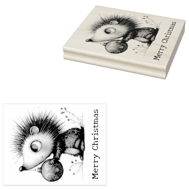 Cute Christmas Hedgehog Rubber Stamp (Stamped)