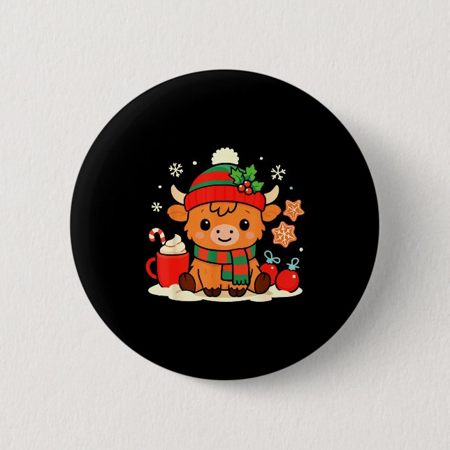 Cute Christmas Highland Cow Heifer Xmas Farm Anima Button (Front)