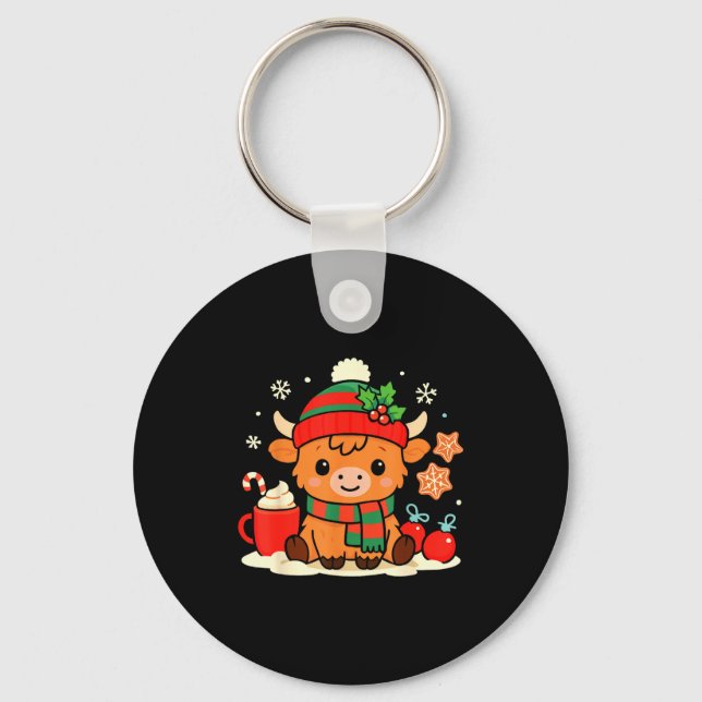 Cute Christmas Highland Cow Heifer Xmas Farm Anima Keychain (Front)