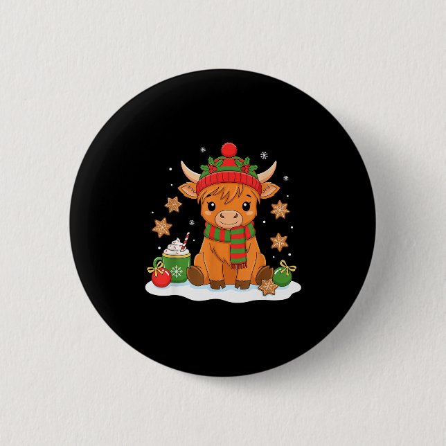 Cute Christmas Highland Cow Lover Xmas Women Farm  Button (Front)