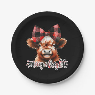 Cute Christmas Highland Cow Merry & Bright Paper Plates