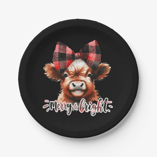 Cute Christmas Highland Cow Merry & Bright Paper Plates (Front)