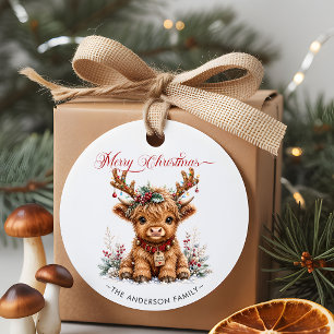 Cute Christmas Highland Cow with Festive Antlers Classic Round Sticker