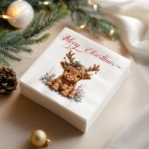 Cute Christmas Highland Cow with Festive Antlers Napkins