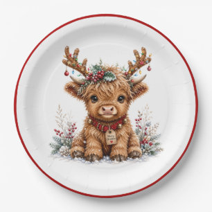 Cute Christmas Highland Cow with Festive Antlers Paper Plates