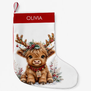 Cute Christmas Highland Cow with Festive Antlers Small Christmas Stocking