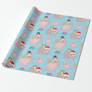 Cute Christmas Hippopotamus Pattern Wrapping Paper