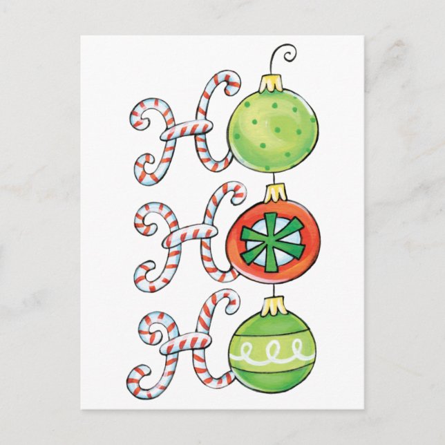 Cute Christmas Ho Ho Ho, Candy Canes Ornaments Holiday Postcard (Front)