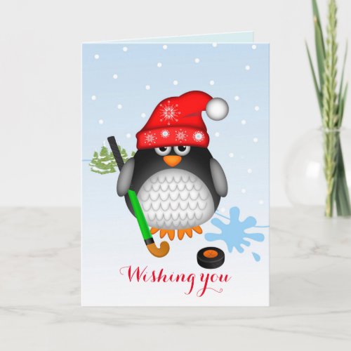 Cute Christmas Hockey Penguin  custom text card