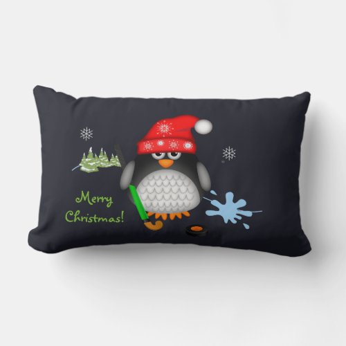 Cute Christmas Hockey Penguin  custom text Lumbar Pillow