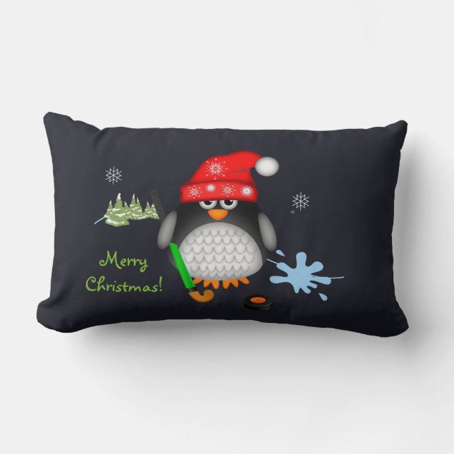 Cute Christmas Hockey Penguin & custom text Lumbar Pillow (Front)