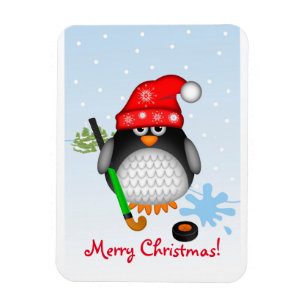 Cute Christmas Hockey Penguin & custom text magnet