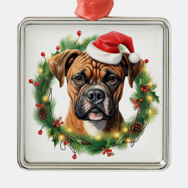 CUTE CHRISTMAS HOLIDAY BOXER DOG & WREATH METAL ORNAMENT (Front)