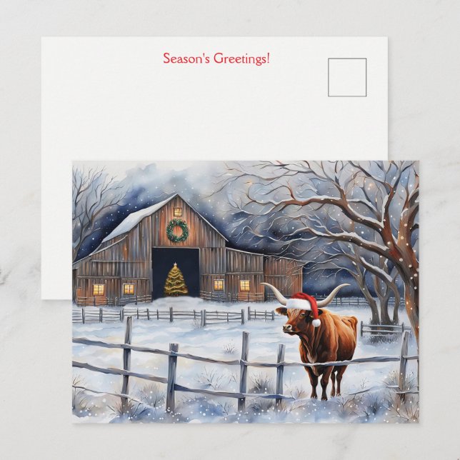 Cute Christmas Holiday Cow and Barn Country Postcard (Front/Back)