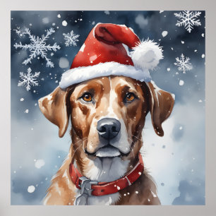 Cute Christmas Holiday Dog In Santa Hat and Snow Poster