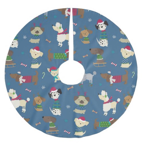 Cute Christmas Holiday Dog Pattern on Blue Brushed Polyester Tree Skirt