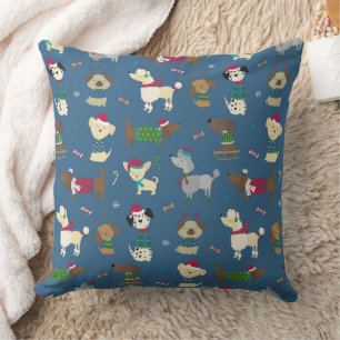 Cute Christmas Holiday Dog Pattern on Blue Throw Pillow