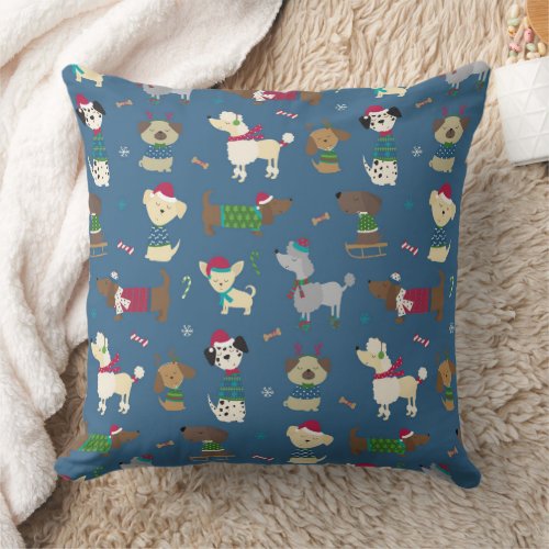 Cute Christmas Holiday Dog Pattern on Blue Throw Pillow