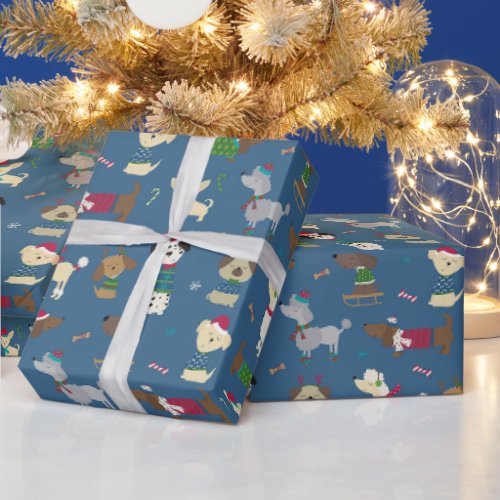 Cute Christmas Holiday Dog Pattern on Blue Wrapping Paper