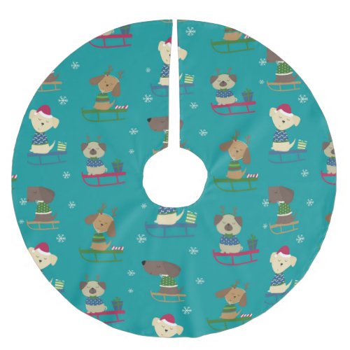 Cute Christmas Holiday Dogs on Sleds Pattern Brushed Polyester Tree Skirt