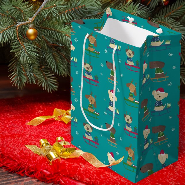 Cute Christmas Holiday Dogs on Sleds Pattern Medium Gift Bag (Creator Uploaded)
