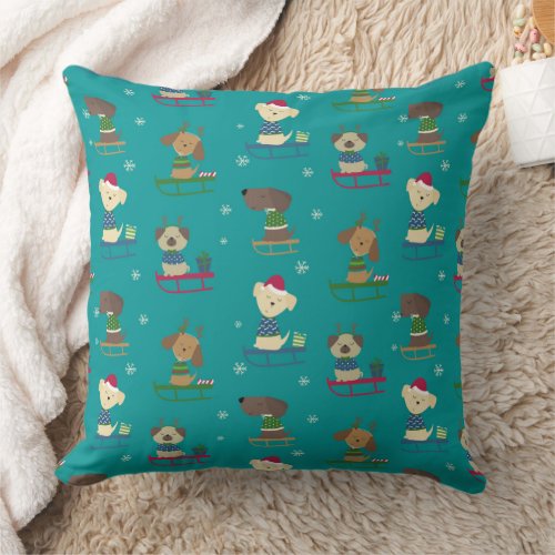 Cute Christmas Holiday Dogs on Sleds Pattern Throw Pillow