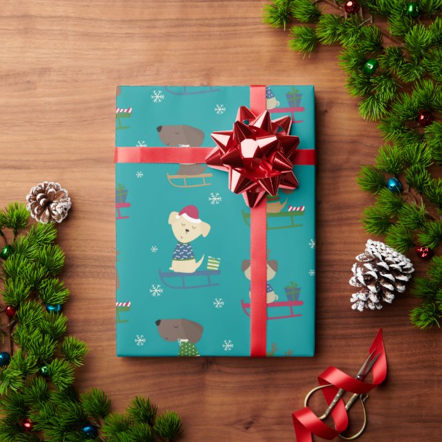 Cute Christmas Holiday Dogs on Sleds Pattern Wrapping Paper (Holiday Gift)